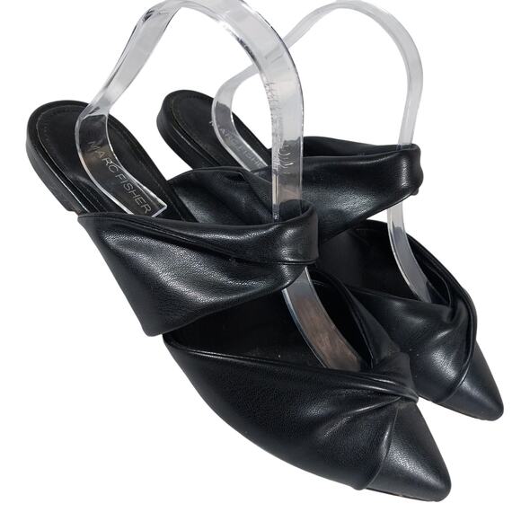 MARC FISHER! SATERS BLACK VEGAN LEATHER TWISTED FRONT STRAP SLIP-ON MULES! SZ 9M - Picture 1 of 10
